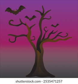 A cartoon illustration of a twisted, leafless tree with bats flying around, set in a dark, eerie atmosphere perfect for a Halloween theme. Ideal for Halloween decorations and spooky-themed media.