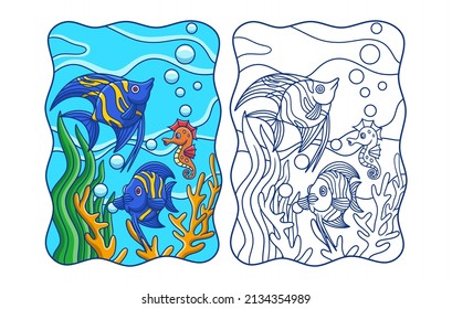 cartoon illustration two angelfish are swimming around the coral reef in the middle of the sea with seahorses book or page for kids