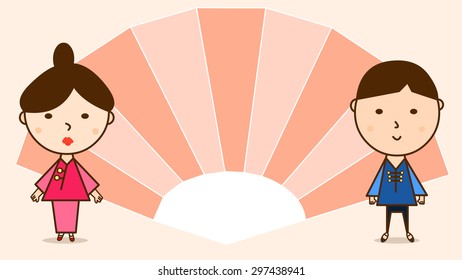 Cartoon illustration of two Asian people, Japanese, Korean adult man, woman, boy, girl, male, female, husband, wife character. Big paper made fan icon object. Chinese Happy Valentine's Day celebration