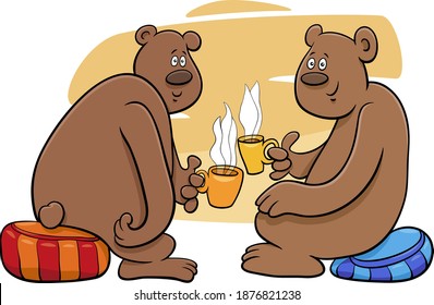 Cartoon illustration of two bears comic animal characters drinking tea