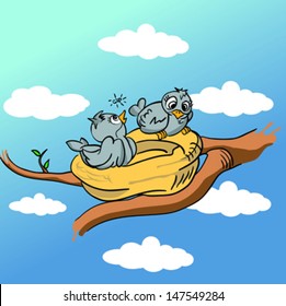 cartoon illustration of two birds in nest