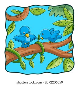 cartoon illustration two birds are on a tree trunk