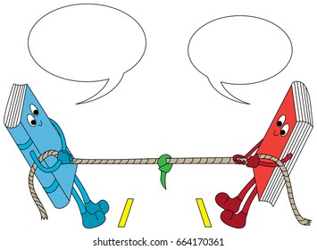 Cartoon illustration of two books pulling a rope with two speech bubbles above them