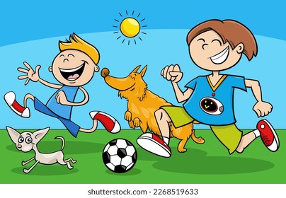 Cartoon illustration of two boys characters playing ball with their dogs