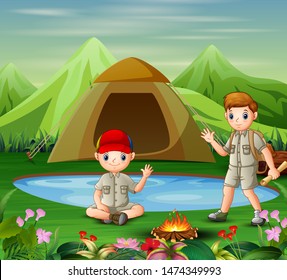 Cartoon Illustration Two Boys Meet Campsite Stock Vector (Royalty Free ...