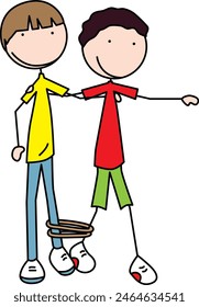 Cartoon illustration of two boys running in a three-legged race