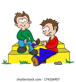 Cartoon Illustration Of Two Boys Sharing Chocolate