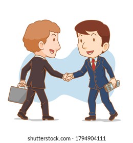 Cartoon illustration of two businessman shaking hands. Business partners.