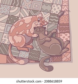 Cartoon illustration with two cats on patchwork quilts. Template for postcards, posters or calendars
