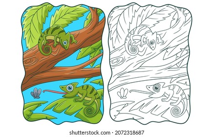 cartoon illustration two chameleons on a big tree trunk book or page for kids