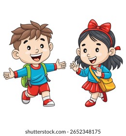Cartoon illustration of two children carrying bags meeting each other happily.