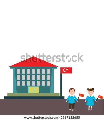 Cartoon Illustration of Two Children in Front of a School with Turkish Flag