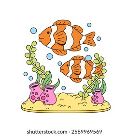 Cartoon illustration of two clown fish swimming admits plants and bubbles in a colorful aquarium scenery