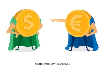 Cartoon illustration of two coin super heroes face off