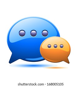 cartoon illustration of two colored communication bubbles  blue and orange colors which have three bubbles with colored shadows