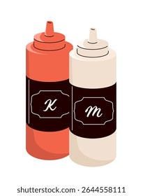 Cartoon illustration of two condiment bottles ketchup and mayonnaise, commonly used in fast food restaurants or home meals