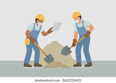 Ilustração em caricatura de dois trabalhadores da construção vestindo equipamentos de segurança, cavando com pás em um canteiro de obras.