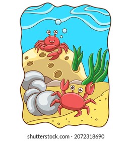 cartoon illustration two crabs playing on the coral reef