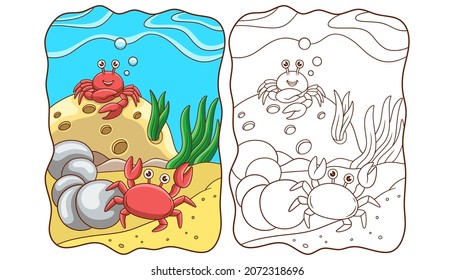 cartoon illustration two crabs playing on the coral reef book or page for kids