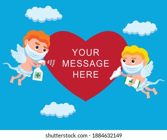 Cartoon illustration of two Cupids  wearing face masks and disinfecting a large red heart