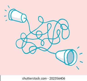 Cartoon illustration of two cups joined by a chaotic string for complex communication