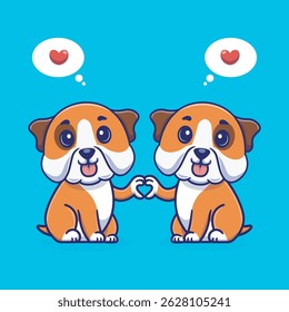 Cartoon illustration of two cute bulldog holding hands in a love shape, adorable and heartwarming,perfect for use in design related to love, friendship,children illustration 