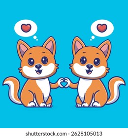 Cartoon illustration of two cute fox holding hands in a love shape, adorable and heartwarming,perfect for use in design related to love, friendship,children illustration 