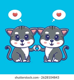 Cartoon illustration of two cute kitten holding hands in a love shape, adorable and heartwarming,perfect for use in design related to love, friendship,children illustration 