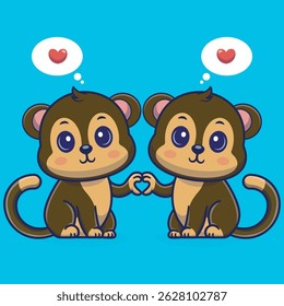 Cartoon illustration of two cute monkey holding hands in a love shape, adorable and heartwarming,perfect for use in design related to love, friendship,children illustration 
