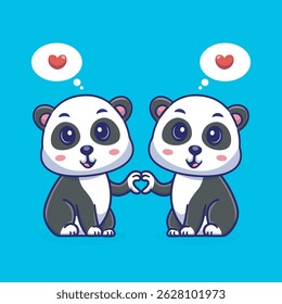 Cartoon illustration of two cute panda holding hands in a love shape, adorable and heartwarming,perfect for use in design related to love, friendship,children illustration 