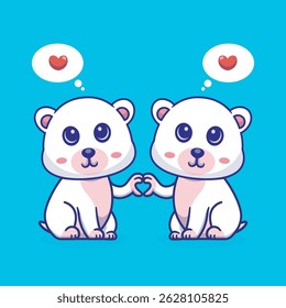 Cartoon illustration of two cute white bears holding hands in a love shape, adorable and heartwarming,perfect for use in design related to love, friendship,children illustration 