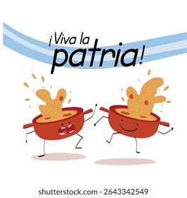 ilustração em caricatura de dois potes dançarinos repletos de guisado tradicional argentino de locro, simbolizando o orgulho e a celebração nacionais. Ideal para eventos patrióticos, como 25 de maio ou 9 de julho na Argentina.