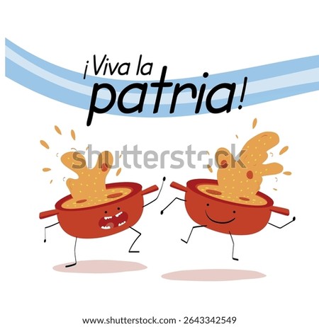 cartoon illustration of two dancing pots filled with traditional Argentine locro stew, symbolizing national pride and celebration. Ideal for patriotic events such as May 25th or July 9th in Argentina.