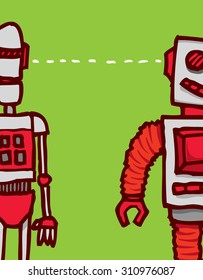 Cartoon illustration of two different robots communication sharing information or connecting