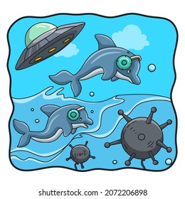 cartoon illustration two dolphins and a flying saucer