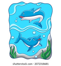 cartoon illustration two dolphins playing in the sea