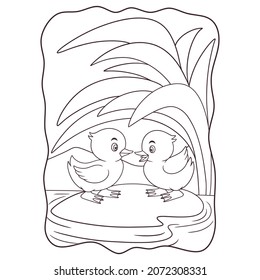 cartoon illustration Two ducks are on a rock in the middle of the river book or page for kids black and white