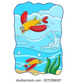 cartoon illustration two fish with long fins swimming and jumping in the ocean
