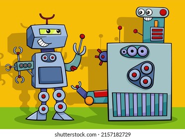 Cartoon illustration of two funny robots comic characters talking