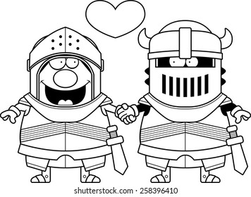 A cartoon illustration of two gay knights holding hands and in love.
