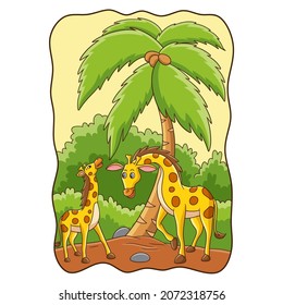 cartoon illustration two giraffes playing in the forest