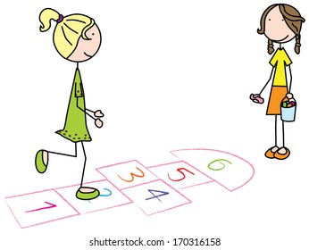 Cartoon illustration of two girls playing hopscotch