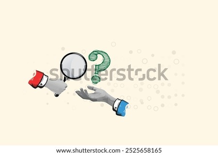Cartoon illustration of two hands, one holding a magnifying glass, the other a question mark. Ideal for websites, presentations, or articles about problem-solving, investigation, or research.  Bright,