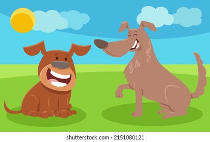 Cartoon illustration of two happy dogs comic animal characters