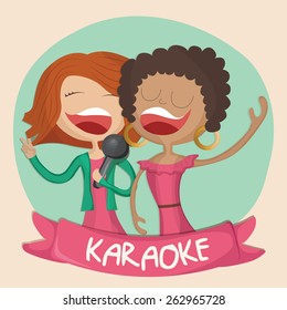 Cartoon illustration of two happy girls singing karaoke