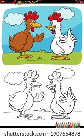 Cartoon illustration of two hens or chickens talking coloring book page