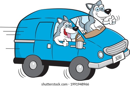 Cartoon illustration of two husky dogs driving a van.
