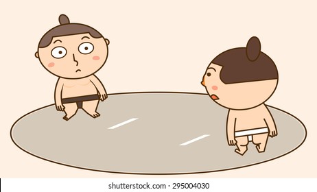 Cartoon illustration of two Japanese sumo wrestler fighter adult man characters, boy kids children talking. Sport contest matches, training lesson. Traditional culture, game play. Funny communication.