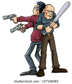 Cartoon Illustration Of Two Men Operating The Buddy System Standing Back To Back Wielding Their Weapons In Order To Protect Each Others Backs And Cover Danger Coming From All Directions 