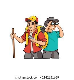 A Cartoon Illustration Of Two Mountain Climbers, Logo Design Vector Inspiration